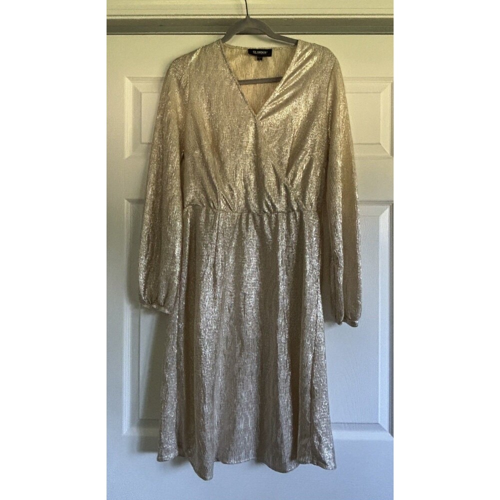 VTG 70’s Glamour Egypt Gold Disco Metallic Surplice Party Dress Long Sleeve